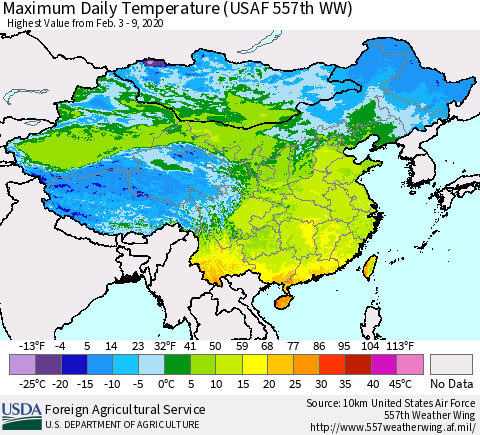 China, Mongolia and Taiwan Maximum Daily Temperature (USAF 557th WW) Thematic Map For 2/3/2020 - 2/9/2020