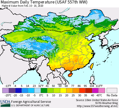 China, Mongolia and Taiwan Maximum Daily Temperature (USAF 557th WW) Thematic Map For 2/10/2020 - 2/16/2020