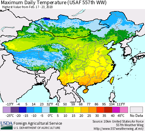 China, Mongolia and Taiwan Maximum Daily Temperature (USAF 557th WW) Thematic Map For 2/17/2020 - 2/23/2020