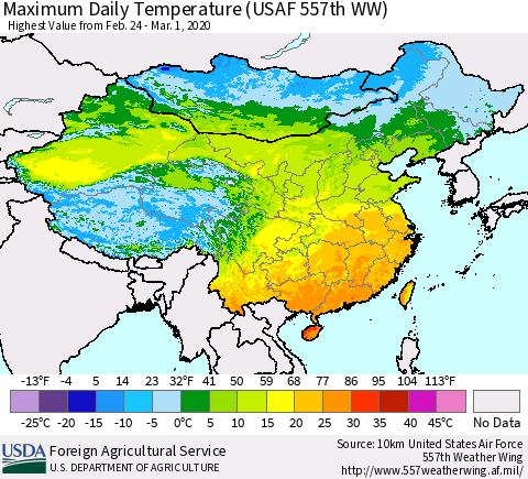China, Mongolia and Taiwan Maximum Daily Temperature (USAF 557th WW) Thematic Map For 2/24/2020 - 3/1/2020