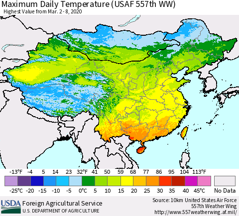 China, Mongolia and Taiwan Maximum Daily Temperature (USAF 557th WW) Thematic Map For 3/2/2020 - 3/8/2020