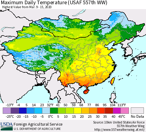 China, Mongolia and Taiwan Maximum Daily Temperature (USAF 557th WW) Thematic Map For 3/9/2020 - 3/15/2020