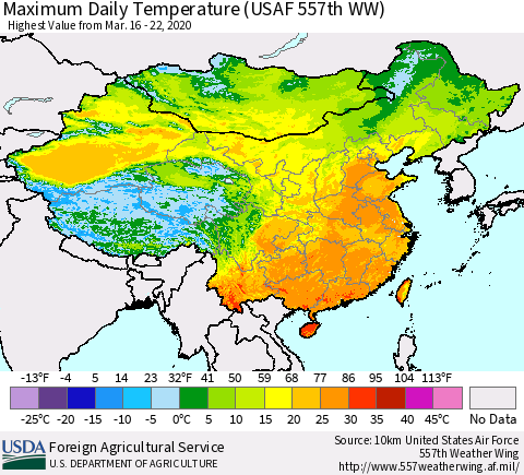 China, Mongolia and Taiwan Maximum Daily Temperature (USAF 557th WW) Thematic Map For 3/16/2020 - 3/22/2020