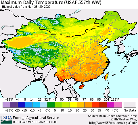 China, Mongolia and Taiwan Maximum Daily Temperature (USAF 557th WW) Thematic Map For 3/23/2020 - 3/29/2020
