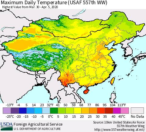 China, Mongolia and Taiwan Maximum Daily Temperature (USAF 557th WW) Thematic Map For 3/30/2020 - 4/5/2020
