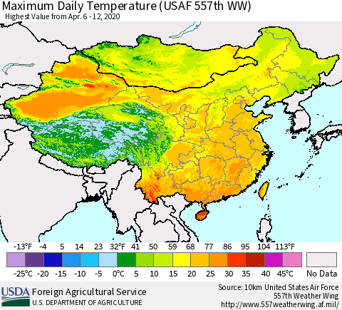 China, Mongolia and Taiwan Maximum Daily Temperature (USAF 557th WW) Thematic Map For 4/6/2020 - 4/12/2020