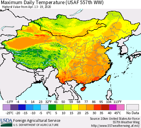 China, Mongolia and Taiwan Maximum Daily Temperature (USAF 557th WW) Thematic Map For 4/13/2020 - 4/19/2020
