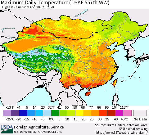China, Mongolia and Taiwan Maximum Daily Temperature (USAF 557th WW) Thematic Map For 4/20/2020 - 4/26/2020