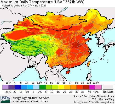 China, Mongolia and Taiwan Maximum Daily Temperature (USAF 557th WW) Thematic Map For 4/27/2020 - 5/3/2020