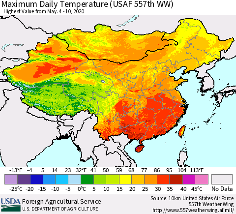 China, Mongolia and Taiwan Maximum Daily Temperature (USAF 557th WW) Thematic Map For 5/4/2020 - 5/10/2020