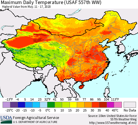 China, Mongolia and Taiwan Maximum Daily Temperature (USAF 557th WW) Thematic Map For 5/11/2020 - 5/17/2020