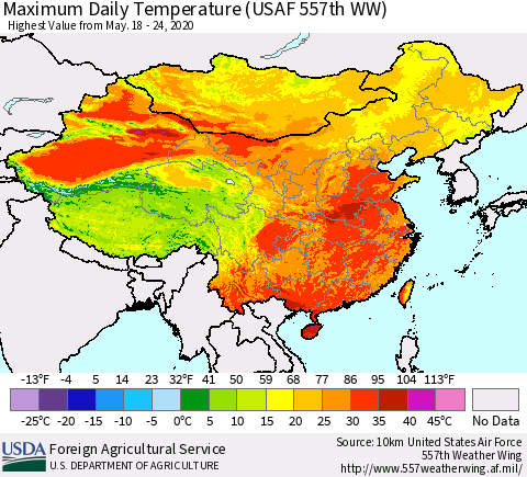 China, Mongolia and Taiwan Maximum Daily Temperature (USAF 557th WW) Thematic Map For 5/18/2020 - 5/24/2020