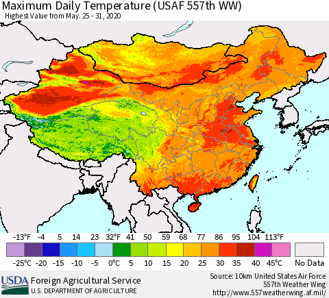 China, Mongolia and Taiwan Maximum Daily Temperature (USAF 557th WW) Thematic Map For 5/25/2020 - 5/31/2020