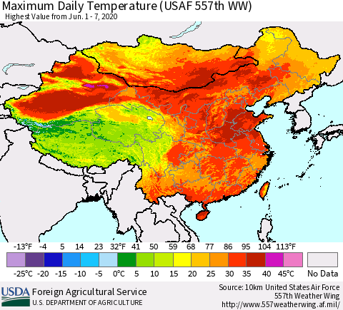China, Mongolia and Taiwan Maximum Daily Temperature (USAF 557th WW) Thematic Map For 6/1/2020 - 6/7/2020
