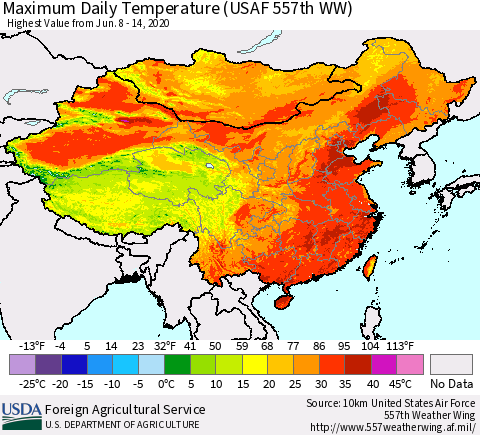 China, Mongolia and Taiwan Maximum Daily Temperature (USAF 557th WW) Thematic Map For 6/8/2020 - 6/14/2020