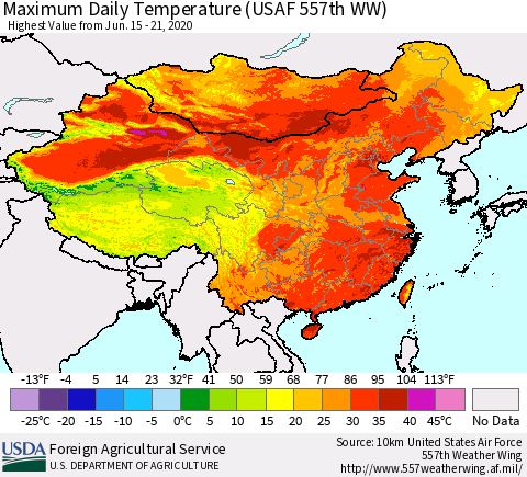 China, Mongolia and Taiwan Maximum Daily Temperature (USAF 557th WW) Thematic Map For 6/15/2020 - 6/21/2020