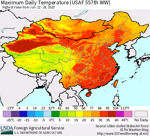 China, Mongolia and Taiwan Maximum Daily Temperature (USAF 557th WW) Thematic Map For 6/22/2020 - 6/28/2020