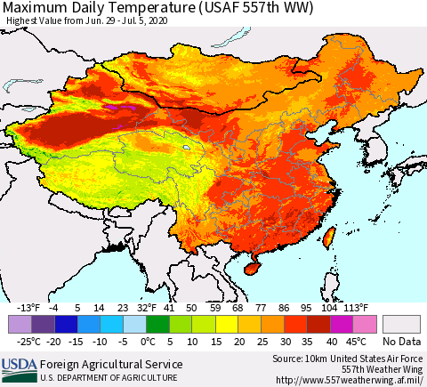 China, Mongolia and Taiwan Maximum Daily Temperature (USAF 557th WW) Thematic Map For 6/29/2020 - 7/5/2020