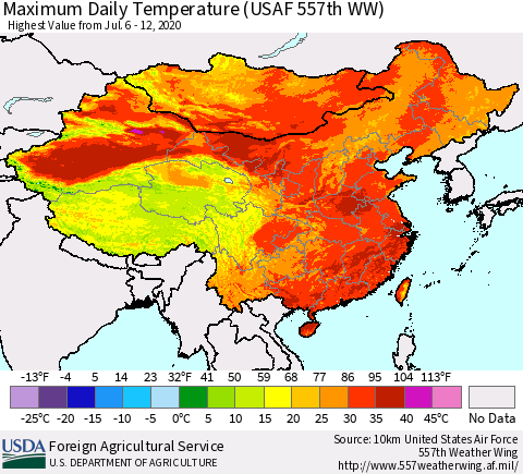 China, Mongolia and Taiwan Maximum Daily Temperature (USAF 557th WW) Thematic Map For 7/6/2020 - 7/12/2020