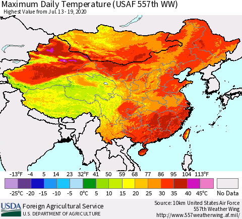 China, Mongolia and Taiwan Maximum Daily Temperature (USAF 557th WW) Thematic Map For 7/13/2020 - 7/19/2020