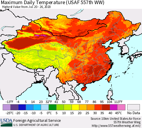 China, Mongolia and Taiwan Maximum Daily Temperature (USAF 557th WW) Thematic Map For 7/20/2020 - 7/26/2020