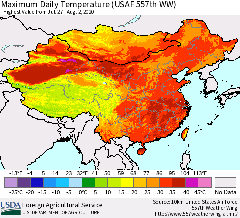 China, Mongolia and Taiwan Maximum Daily Temperature (USAF 557th WW) Thematic Map For 7/27/2020 - 8/2/2020
