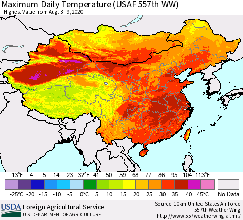 China, Mongolia and Taiwan Maximum Daily Temperature (USAF 557th WW) Thematic Map For 8/3/2020 - 8/9/2020