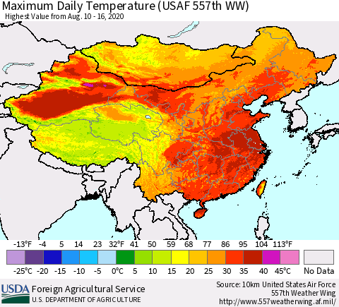 China, Mongolia and Taiwan Maximum Daily Temperature (USAF 557th WW) Thematic Map For 8/10/2020 - 8/16/2020
