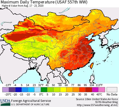 China, Mongolia and Taiwan Maximum Daily Temperature (USAF 557th WW) Thematic Map For 8/17/2020 - 8/23/2020