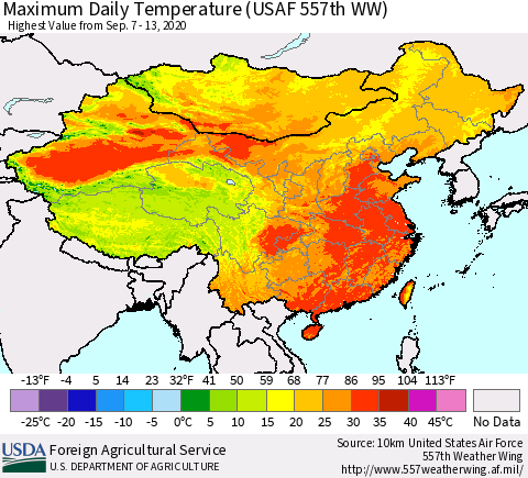 China and Taiwan Extreme Maximum Temperature (USAF 557th WW) Thematic Map For 9/7/2020 - 9/13/2020