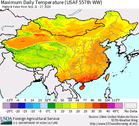 China and Taiwan Extreme Maximum Temperature (USAF 557th WW) Thematic Map For 9/21/2020 - 9/27/2020