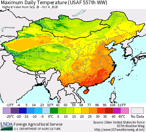 China and Taiwan Extreme Maximum Temperature (USAF 557th WW) Thematic Map For 9/28/2020 - 10/4/2020