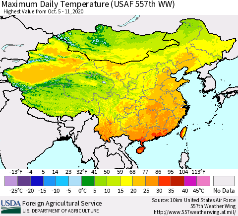 China, Mongolia and Taiwan Maximum Daily Temperature (USAF 557th WW) Thematic Map For 10/5/2020 - 10/11/2020
