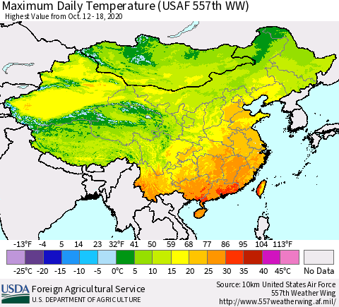China and Taiwan Extreme Maximum Temperature (USAF 557th WW) Thematic Map For 10/12/2020 - 10/18/2020