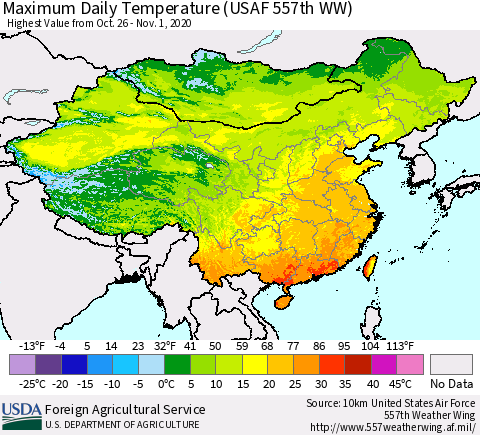 China and Taiwan Extreme Maximum Temperature (USAF 557th WW) Thematic Map For 10/26/2020 - 11/1/2020