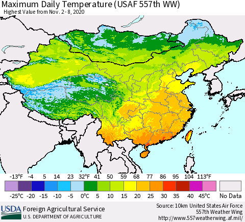China and Taiwan Extreme Maximum Temperature (USAF 557th WW) Thematic Map For 11/2/2020 - 11/8/2020