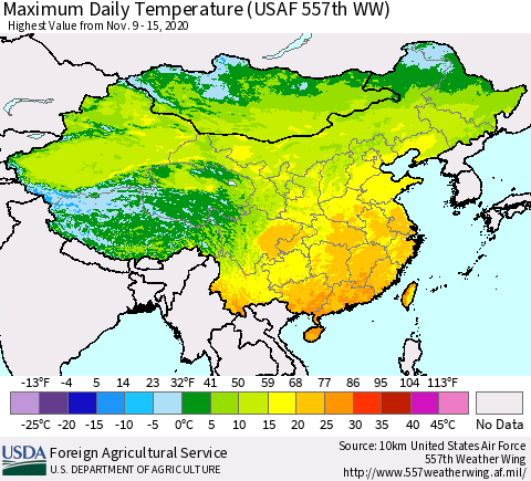China and Taiwan Extreme Maximum Temperature (USAF 557th WW) Thematic Map For 11/9/2020 - 11/15/2020