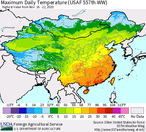 China, Mongolia and Taiwan Maximum Daily Temperature (USAF 557th WW) Thematic Map For 11/16/2020 - 11/22/2020