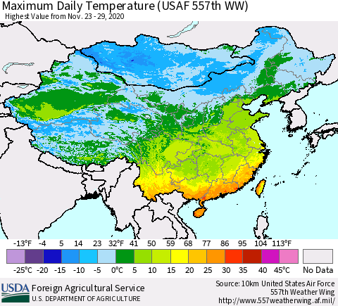 China, Mongolia and Taiwan Maximum Daily Temperature (USAF 557th WW) Thematic Map For 11/23/2020 - 11/29/2020