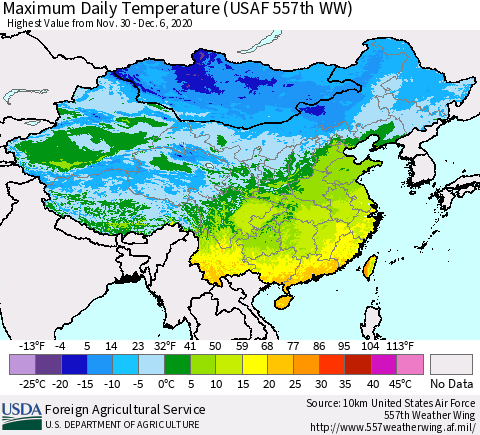 China and Taiwan Extreme Maximum Temperature (USAF 557th WW) Thematic Map For 11/30/2020 - 12/6/2020