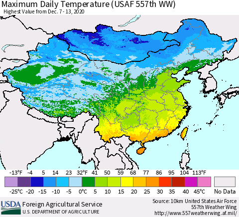 China and Taiwan Extreme Maximum Temperature (USAF 557th WW) Thematic Map For 12/7/2020 - 12/13/2020