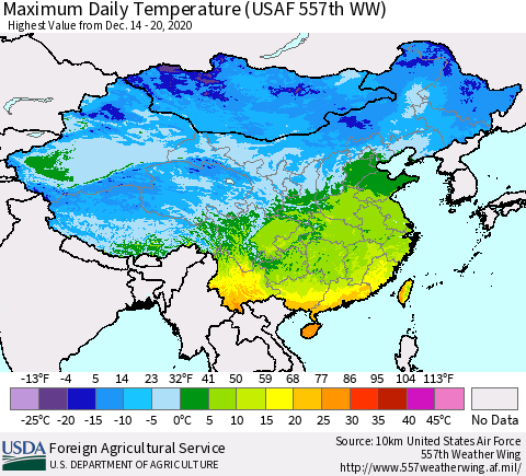 China and Taiwan Extreme Maximum Temperature (USAF 557th WW) Thematic Map For 12/14/2020 - 12/20/2020