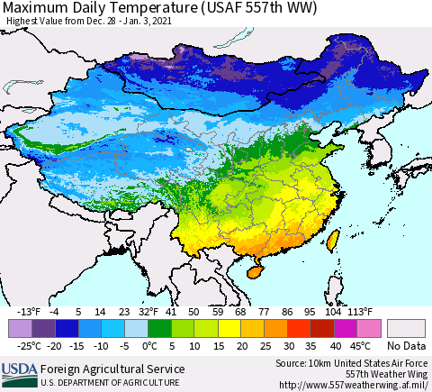 China and Taiwan Extreme Maximum Temperature (USAF 557th WW) Thematic Map For 12/28/2020 - 1/3/2021