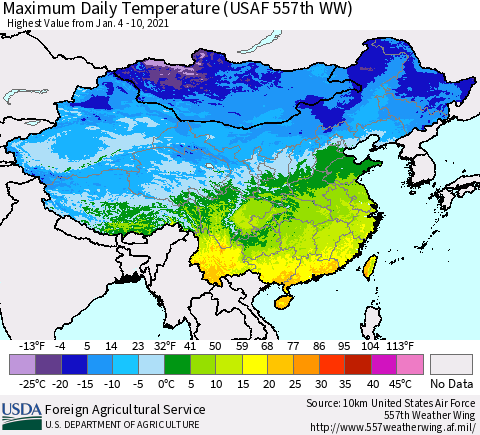 China, Mongolia and Taiwan Maximum Daily Temperature (USAF 557th WW) Thematic Map For 1/4/2021 - 1/10/2021