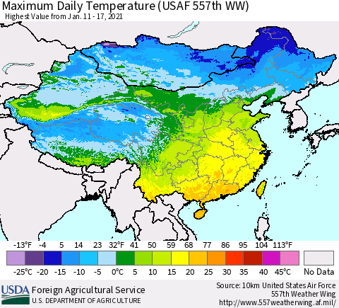 China, Mongolia and Taiwan Maximum Daily Temperature (USAF 557th WW) Thematic Map For 1/11/2021 - 1/17/2021