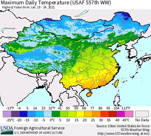 China and Taiwan Extreme Maximum Temperature (USAF 557th WW) Thematic Map For 1/18/2021 - 1/24/2021