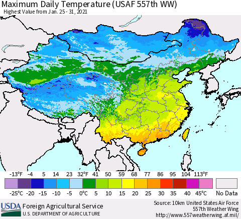 China and Taiwan Extreme Maximum Temperature (USAF 557th WW) Thematic Map For 1/25/2021 - 1/31/2021