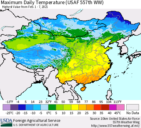 China, Mongolia and Taiwan Maximum Daily Temperature (USAF 557th WW) Thematic Map For 2/1/2021 - 2/7/2021