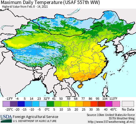 China and Taiwan Extreme Maximum Temperature (USAF 557th WW) Thematic Map For 2/8/2021 - 2/14/2021