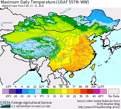 China and Taiwan Extreme Maximum Temperature (USAF 557th WW) Thematic Map For 2/15/2021 - 2/21/2021
